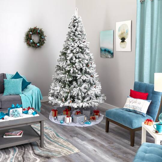 8ft. Unlit Flocked White River Mountain Pine & Pinecones Artificial Christmas Tree